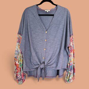 Umgee Chambray Blue Button Mixed Pattern Tie Front Top, Colorful Sleeves, Sz LG
